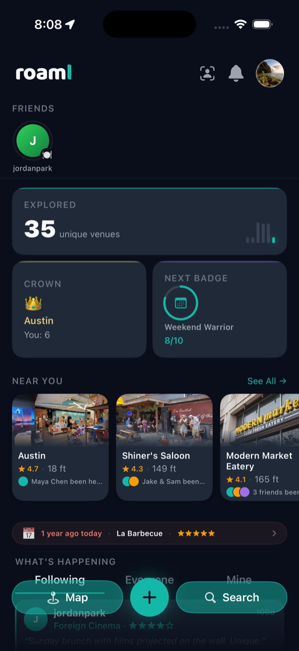 roaml home screen showing explored venues, badges, and nearby spots