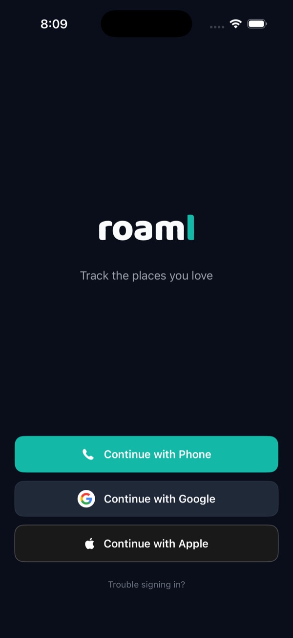 roaml sign-in screen with phone, Google, and Apple options